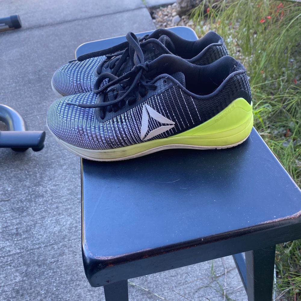 Reebok Nanos size 8 womens. Black, grey, yellow